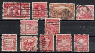 (11) Old Red Us Postage Stamps (10) 2 Cent & (1) 3 Cent 