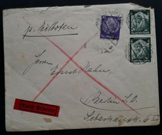 Rare 1935 Germany By Courier Cover Ties 3 Stamps Canc Hamm To Berlin