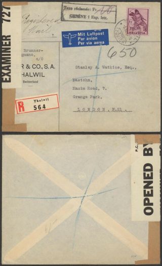 Switzerland Wwii 1942 - Registered Air Mail Cover To England - Censor 30240/19