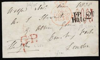 1838 Frank Front Red " Spring " H/s Cancelling Twopenny Post H/s.  Stratford