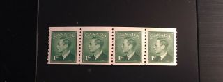 Stamps Canada Sc297i 1c Green Kgvi Jump Strip Of Four Mnh Coil Stamps Of 1951