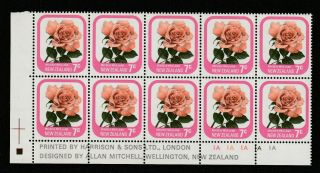 Zealand 1975 : Flowers - Imprint Block Of 10 X 7c Decimal Stamps,  Mnh