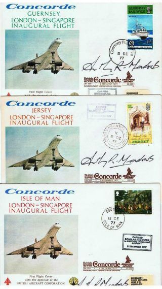 Concorde Inaugural Flt Cvrs X 5 London Chanel Islands I.  O.  M To Singapore Signed