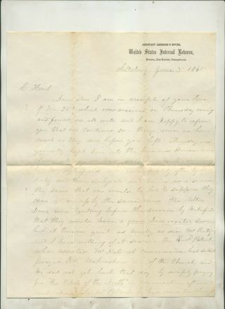 1865 Letter James M Hart To Clarence Hart Rouseville Pa U S Internal Revenue