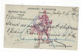 Ux21 Postal Card 1910 Philadelphia Pa Illustrated Advertising Saddlery Warehouse
