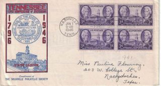 1946 Fdc,  941,  3c Tennessee 150th,  4 Diff.  Cachets,  Block Of 4