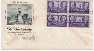 1946 FDC,  941,  3c Tennessee 150th,  4 diff.  cachets,  block of 4 2