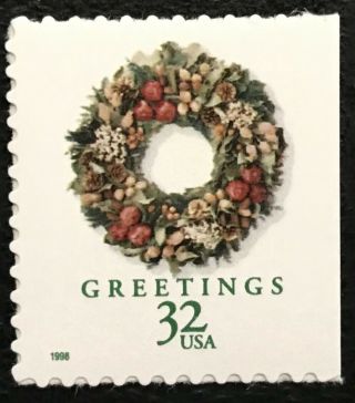 1998 Scott 3246,  32¢,  Christmas Wreath - Nh - Booklet Single