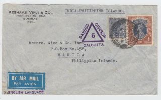 Ww2 Passed Censor Calcutta India To Philippines Air Mail Cover Dec 1939