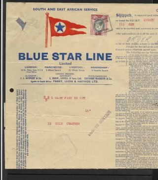 South Africa Kgvi 1938 - Blue Star Line Shipyard Receipt With 6d Revenue