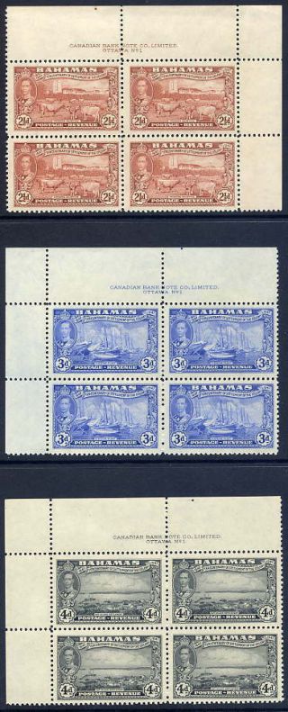 Bahamas 1948 Tercentenary 2½d,  3d & 4d Corner Imprint Blocks Of Four Vfum