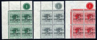 Bahamas 1942 Landfall Of Columbus ½d,  1d & 2d Corner Plate Blocks Of Four Vfum