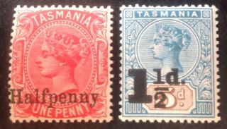 Tasmania 1889 - 1904 2 X Stamps With Overprints Hinged