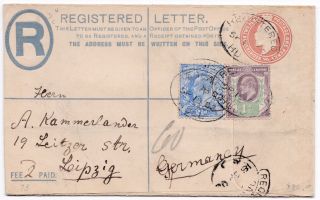 1902 Postal Stationery Registered Env Hull To Leipzig Uprated 2½d & 1½d Stamps