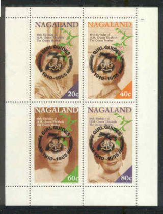 Nagaland 1985 Girl Guides 75th Ann Overprint Queen Mother Perf Minisheet