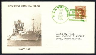 Battleship Uss West Virginia Bb - 48 Navy Day 1932 Naval Cover 1 Made (9356)