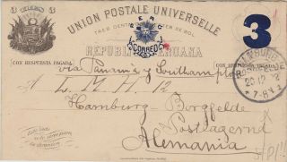 362) Republica Peruana - Peru 1892 - Stationery Post Card To Hamburg Borgfelde