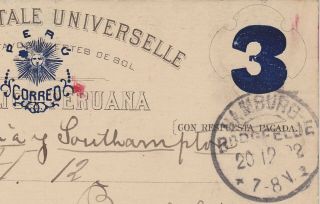 362) REPUBLICA PERUANA - PERU 1892 - STATIONERY POST CARD to HAMBURG BORGFELDE 2