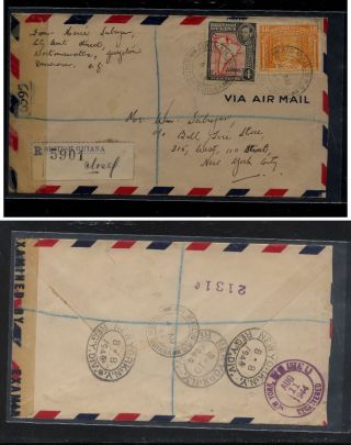British Guiana Franking Registered Censor Cover To Us 1944 Kel1127