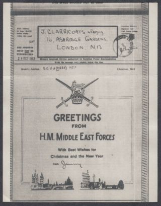 Airgraph; Greetings From Hm Mef To J Clarricoats; 1943