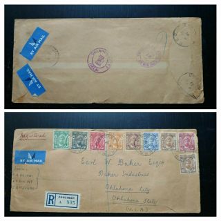 V.  Rare Zanzibar “unique Combination” 1951 “registered” Postaly Cover To Usa