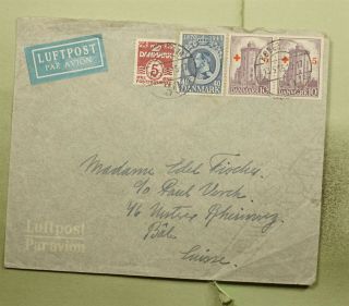 Dr Who 1916 Denmark Airmail To Switzerland Red Cross Ovpt Pair Semi Post E43816