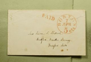 Dr Who 1851 Boston Ma Stampless Paid 5c To Bradford Ma E54701