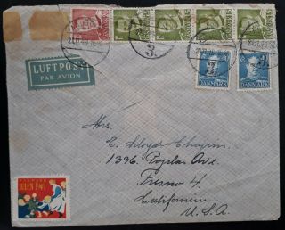 Rare 1949 Denmark Airmail Cover Ties 7 Stamps & Christmas Label Canc Aalborg