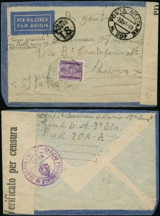 A497 Italy Taxed Censored Fieldpost Cover Fpo 207 Padova 1941