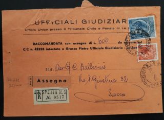 Rare 1959 Italy Official Court Registd Cover Ties 2 Stamps Canc La Spezia