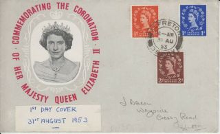 Gb 1953 Definitive Wilding 1/2d.  1d,  2d.  Sg515,  516,  518 First Day Cover Fdc