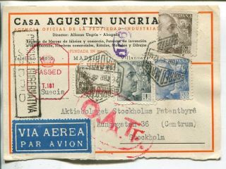Spain Oat Red Oval 50mm,  Double Censor Front Of Letter Card To Sweden 21.  4.  1945