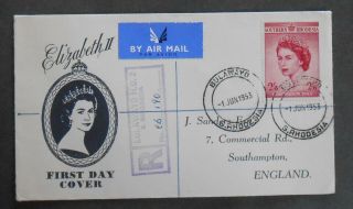 Southern Rhodesia 1953 Qeii Coronation Registered Fdc - Bulawayo Postmark Sc 80