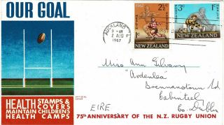 Zealand 1967 Health Stamps Rugby Football Set Of 2 First Day Cover Auckland
