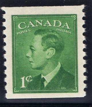 Canada 297 (1) 1950 1 Cent Green George Vi Coil Perf 9.  5 Vertically Mnh
