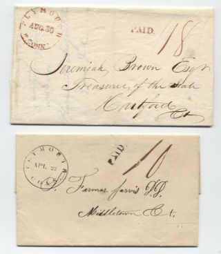 1836 And 1843 Plymouth Ct Red And Black Cds Stampless Covers [oz.  310]