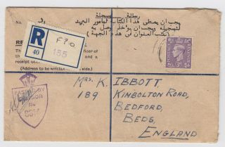 Ww2 Jordanian Registered Letter British Fpo 155 Registered To Bedford 3d Rate