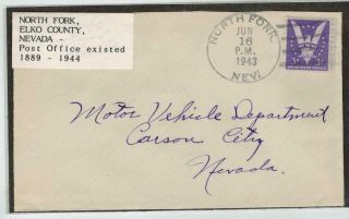 Discontinued Post Office Dpo 1943 North Fork Nevada Hand Cancel Elko County