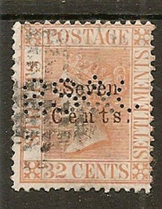 Malaya Straits Settlements 1879 7c On 32c Sg21 Cat £200 " Rs & J " Perfin