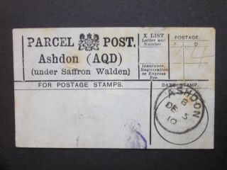 Gb Essex 1910 Parcel Post Label " Ashdon (aqd) (under Saffron Walden) " Ashdon S/c