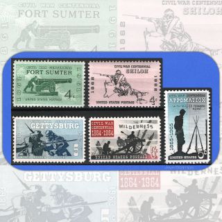 1961 - 1965 Civil War Centennial Complete Set Of 5 Stamps W/bonus 1178 - 82