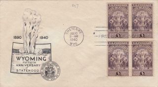 First Day Cover,  Scott 897 Bl4,  Wyoming,  Mellone 1,  Apl Cachet,  1940