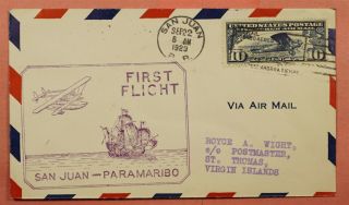 1929 First Flight Fam F6 - 15a San Juan Puerto Rico To St Thomas