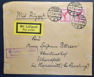 Germany 1926 Early Airmail Cover Trier To Flensburg Via Hamburg,  Deutschland