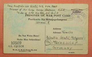 1945 German Pow Internment Camp Opelika Al Postcard Wwii Censored Frank