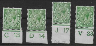1912 - 22.  Royal Cypher 1/2d.  Green Controls C13 (i),  D14 (i),  J17 (p),  V23 (p).  Mm.  Ref 9/90