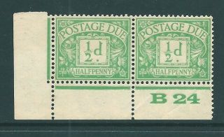 Gb 1924 George V 0.  5d Postage Due Mnh B24 Control Pair Sg D10