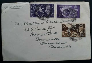 Rare 1948 Great Britain London Olympic Games Airmail Cover W 3 Stamps Australia