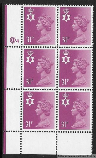 Gb/n.  Ireland 1971/00 31p Plate Block,  Sg Xnl57/ni64,  Plate 4 Row 18.