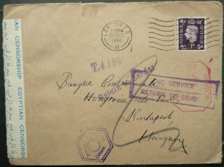 Gb 27 Dec 1940 Cover From London To Hungary,  Redirected To Egypt? - Censored